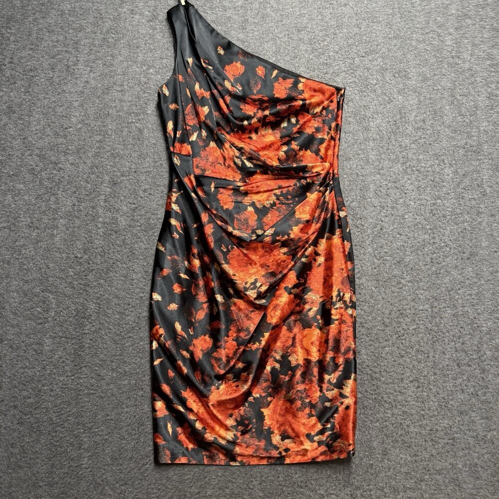 Maggy London One Shoulder Floral Dress Women's Size 12 Black Orange Sheath Midi - Picture 1 of 5